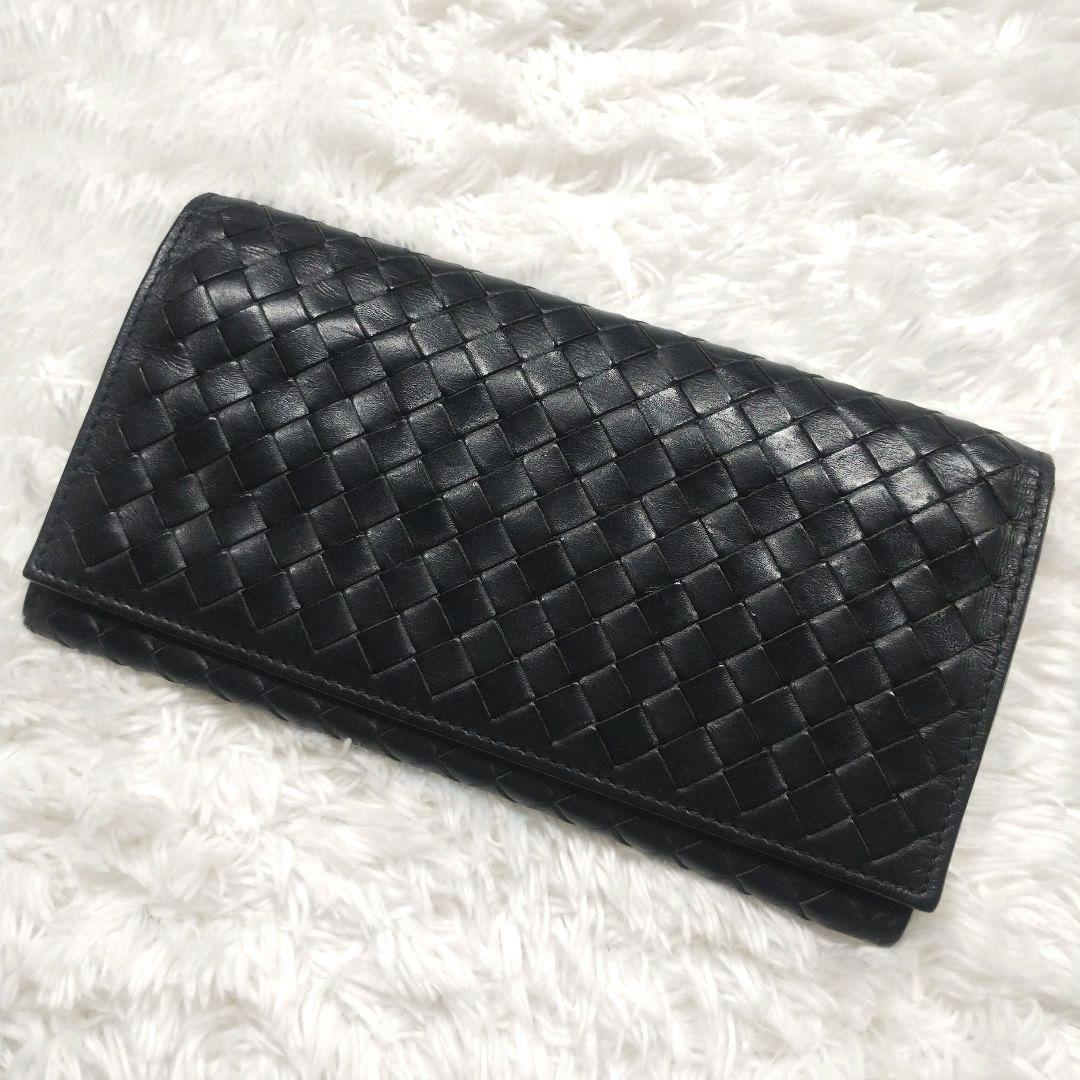 美品　ボッテガヴェネタ　長財布　イントレチャート　二つ折り　ケース付き　黒 BOTTEGA VENETA（ボッテガ・ヴェネタ） 長財布 二つ折り レザー