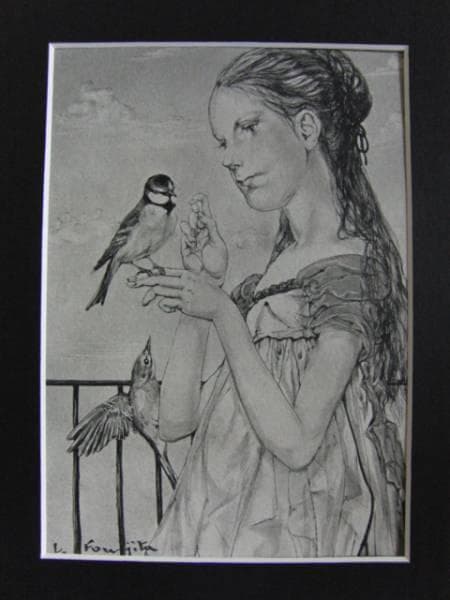 藤田嗣治、【小鳥と少女】、希少な限定額装用画集画、新品高級額 額装付