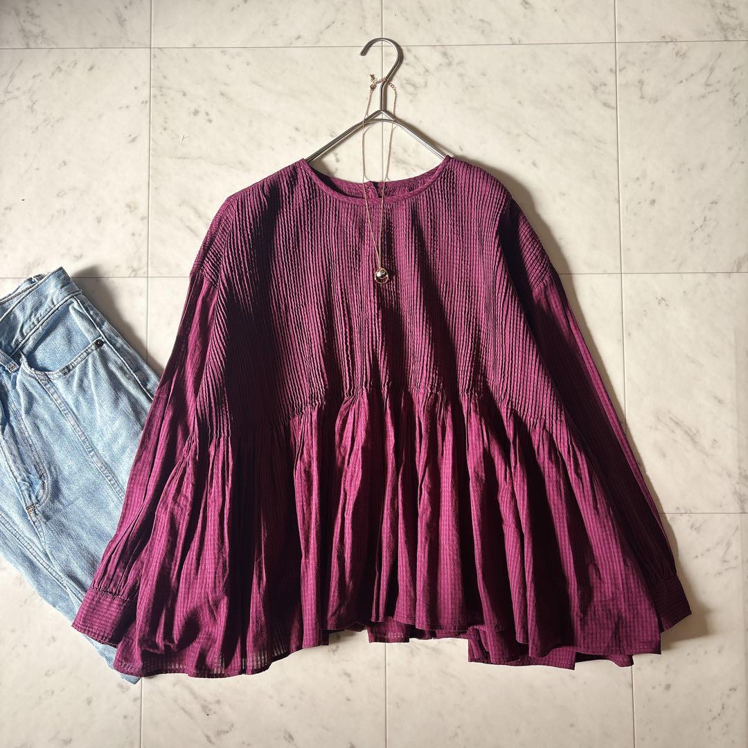 美品 メゾンドソイル ピンタック ギャザーブラウス コットンボイル 綺麗色