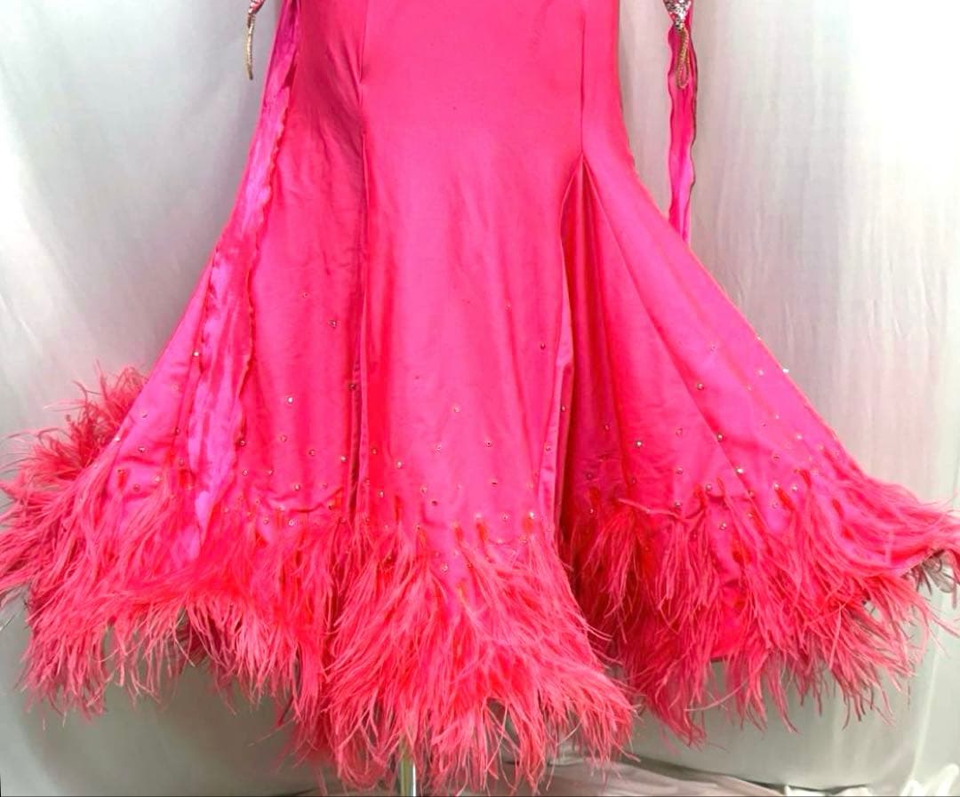 Y5697☆SM☆ピンク オーストリッチ スワロ スタンダードドレス☆社交