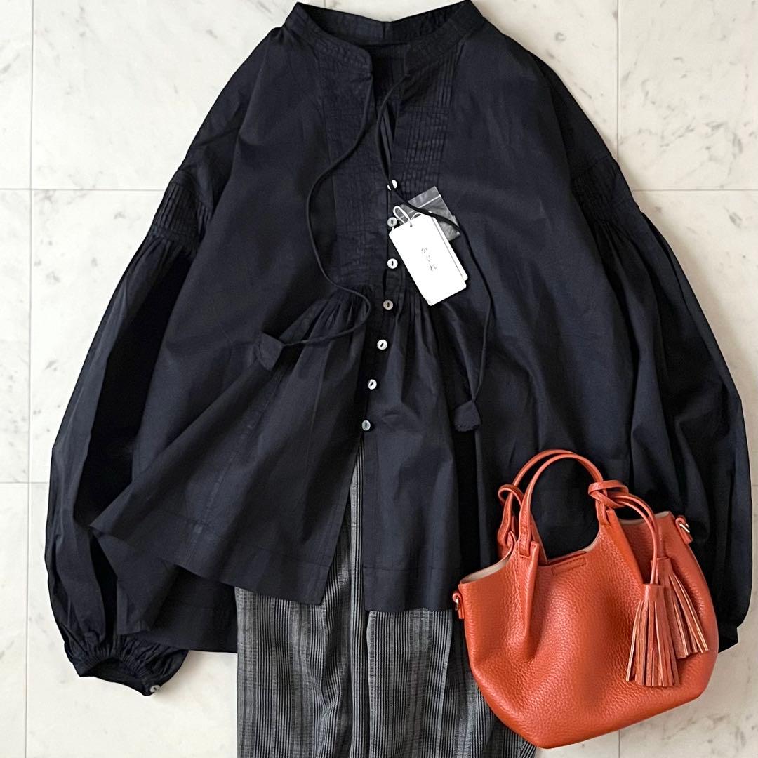 人気完売品＊タグ付 かぐれ コットンオーガンジーブラウス F 黒 長袖 日本製