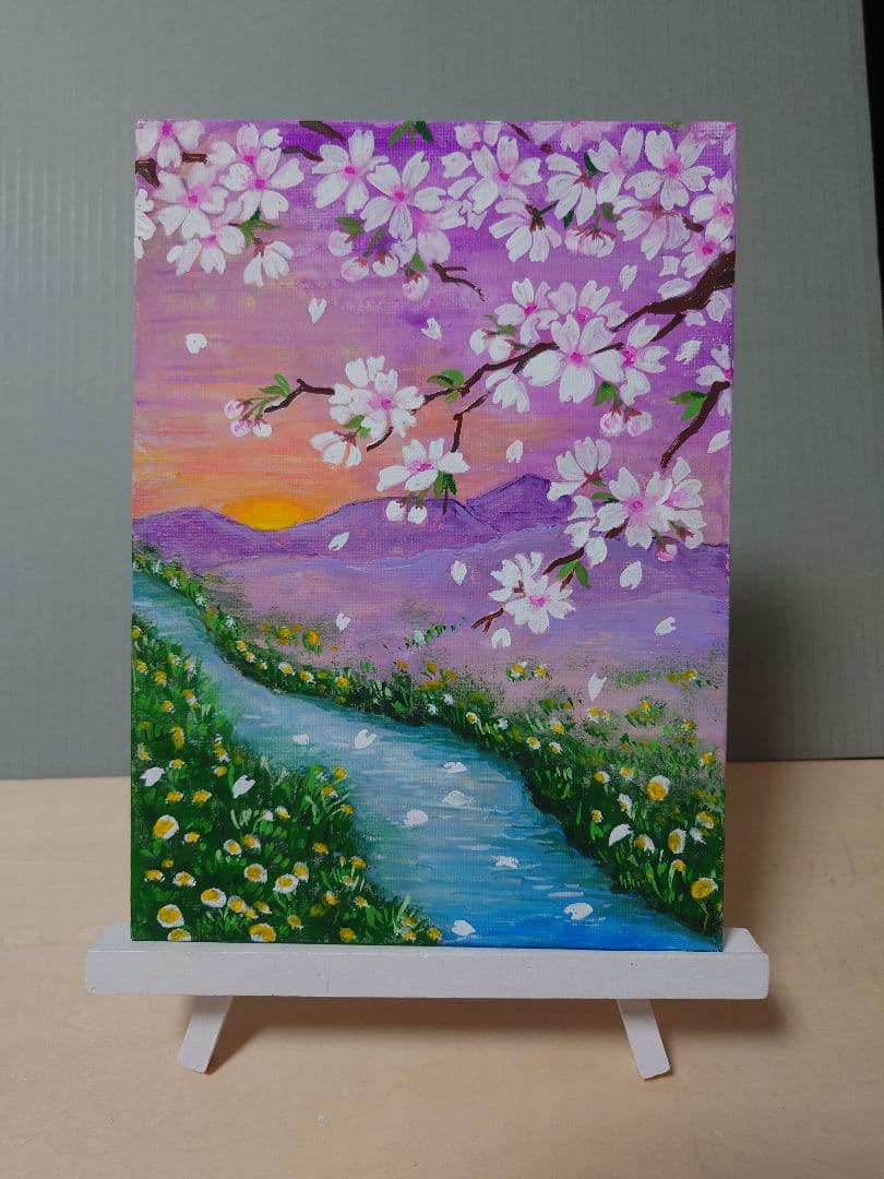 風景画 アクリル画 「桜の里の夜明」 （22×16×0.3cm） 木製スタンド付