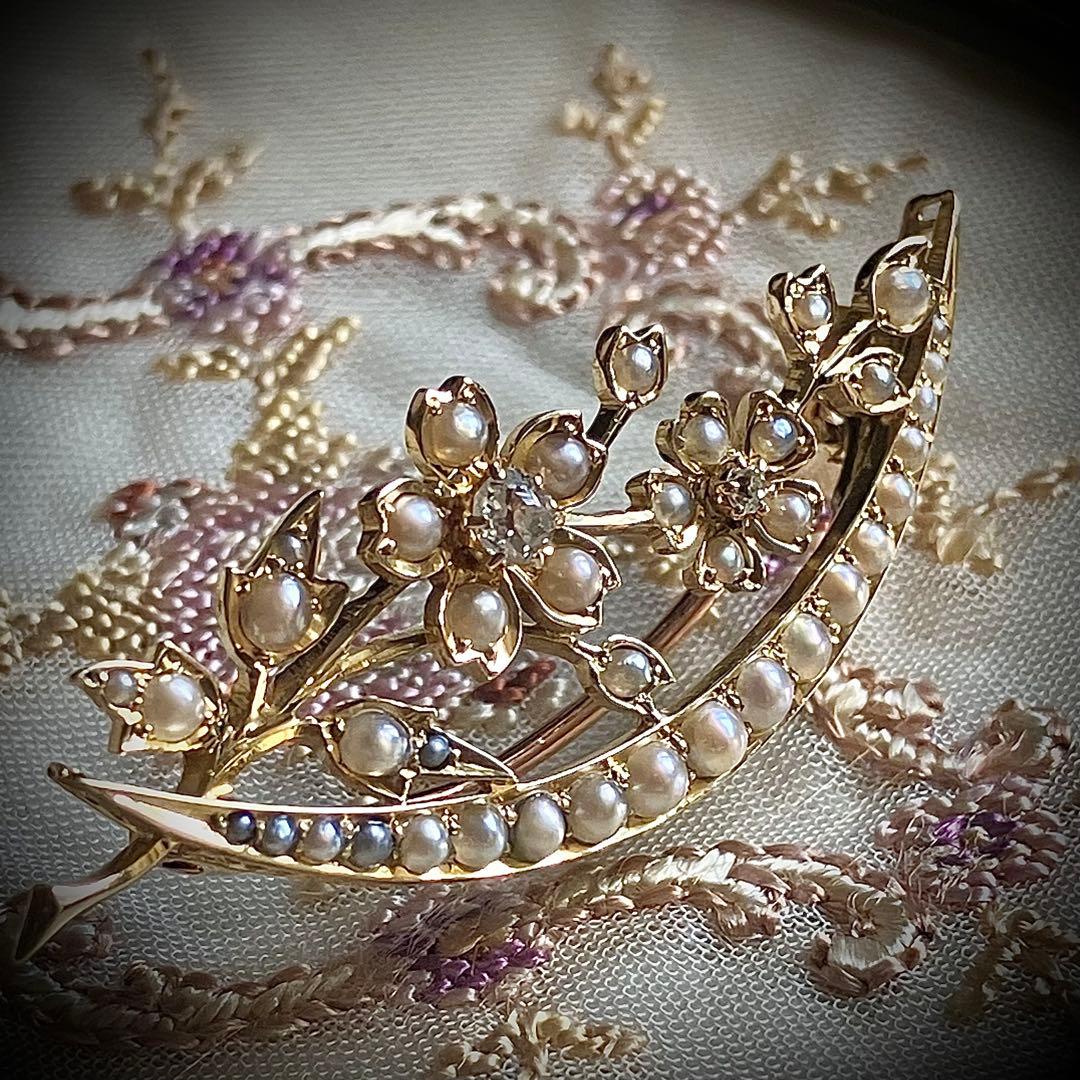 k18 ヴィクトリアン オールドマインカットダイヤモンド＆シードパール