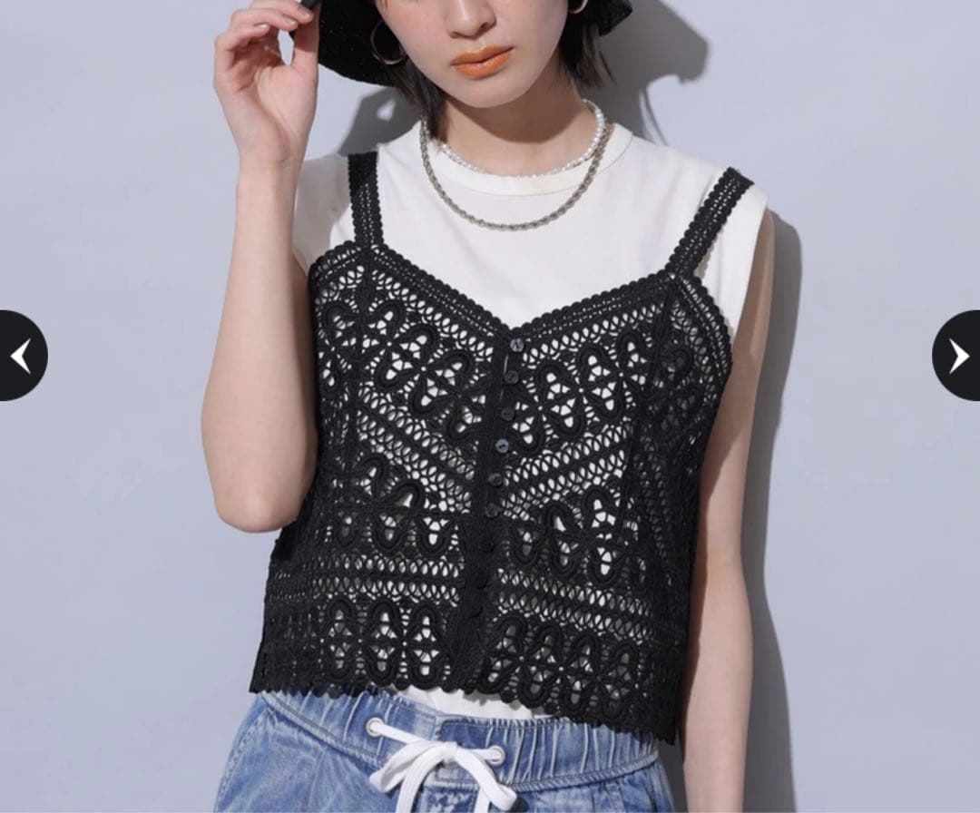 タグ付　クロシェレースキャミ　黒