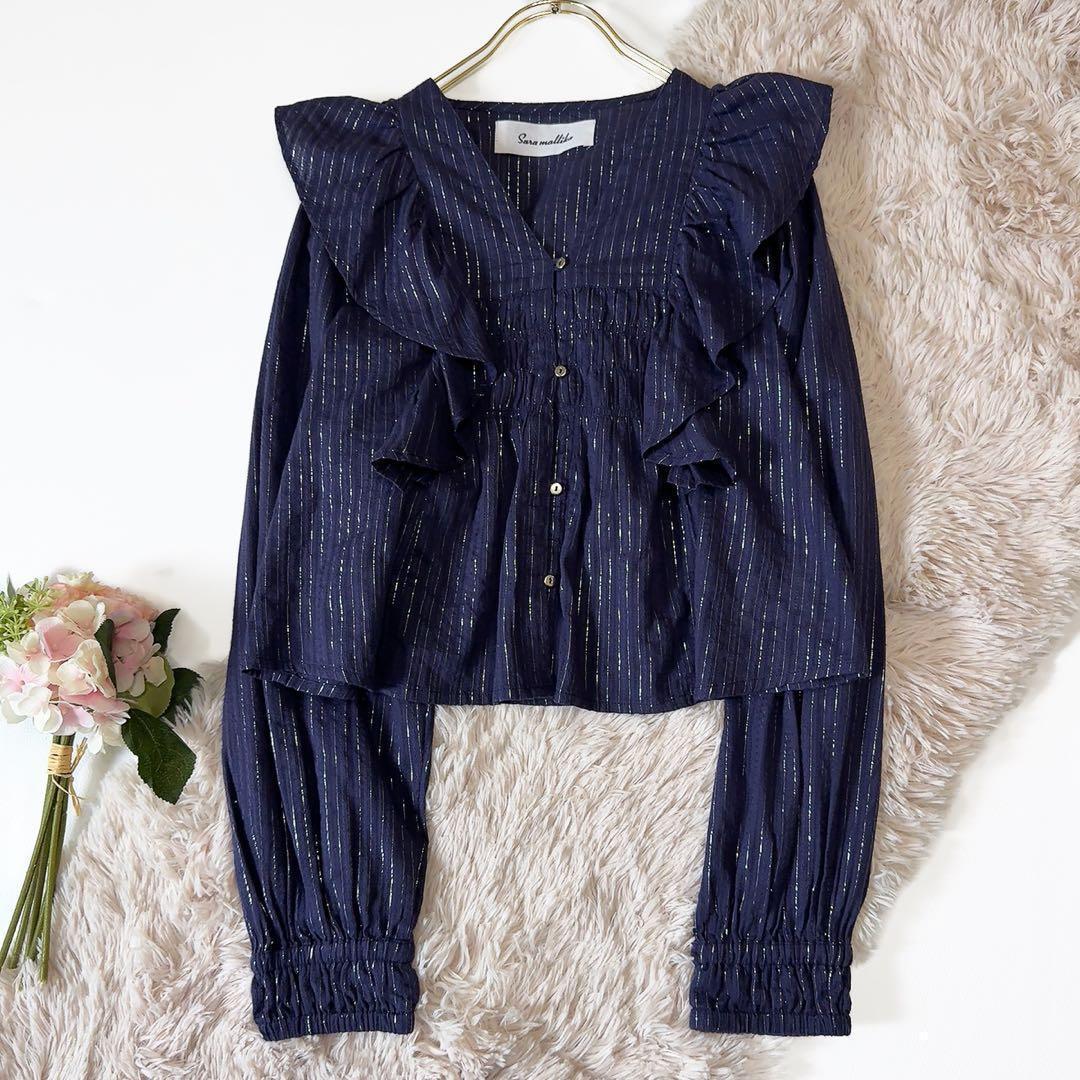 未使用級ꕥサラマリカ 2025 今季 コットンストライプジャガードフリルブラウス 極美品ꕥサラマリカ 2025 完売品 コットンストライプジャガードフリル