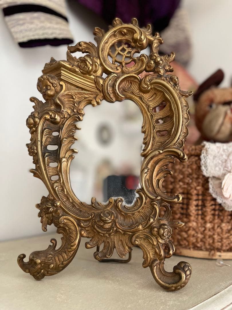 ♡フランスアンティーク ミラー♡エンジェル 天使 ローズ バラ 真鍮