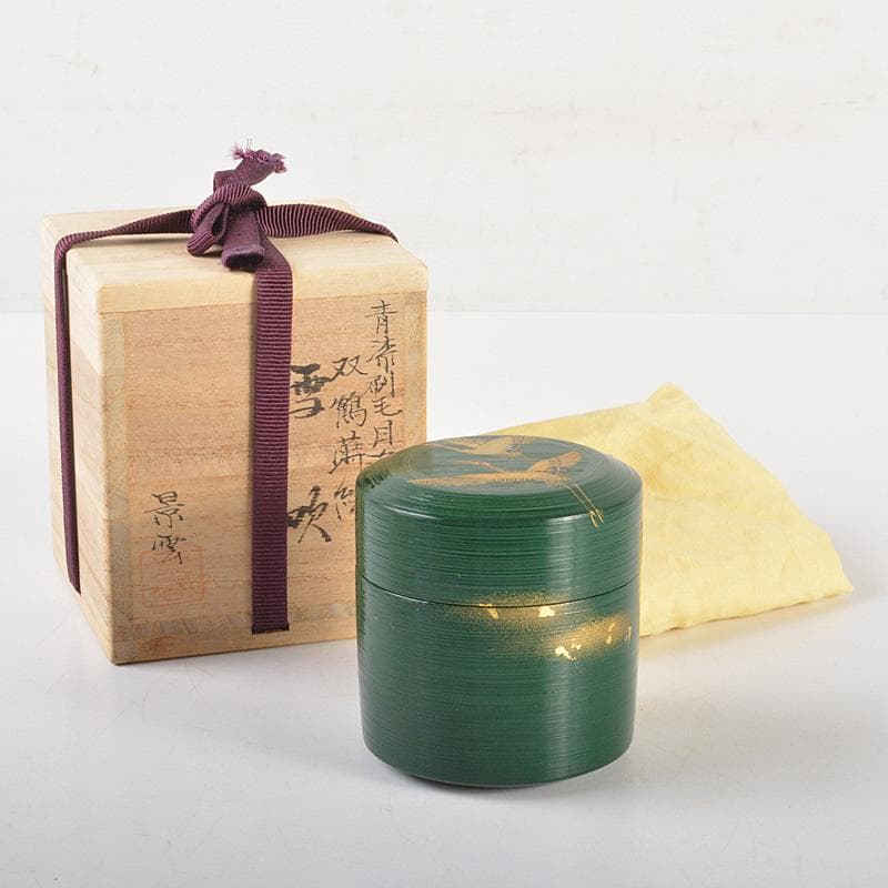 茶道具　蒔絵師　景雲作　青漆刷毛目塗　螺鈿装飾　双鶴蒔絵　雪吹　共箱　V6437