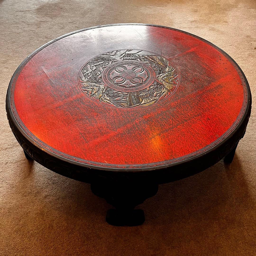 中国骨董 唐家具 飾彫り 円卓 座卓 ちゃぶ台 センターテーブル 古家具