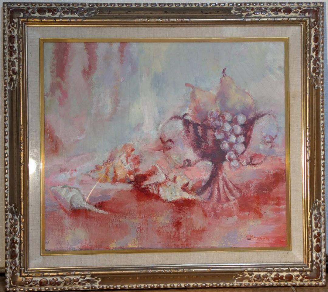 【真作】絵画　油彩10号　静物画　果物と花器　優美な色彩表現　Y148