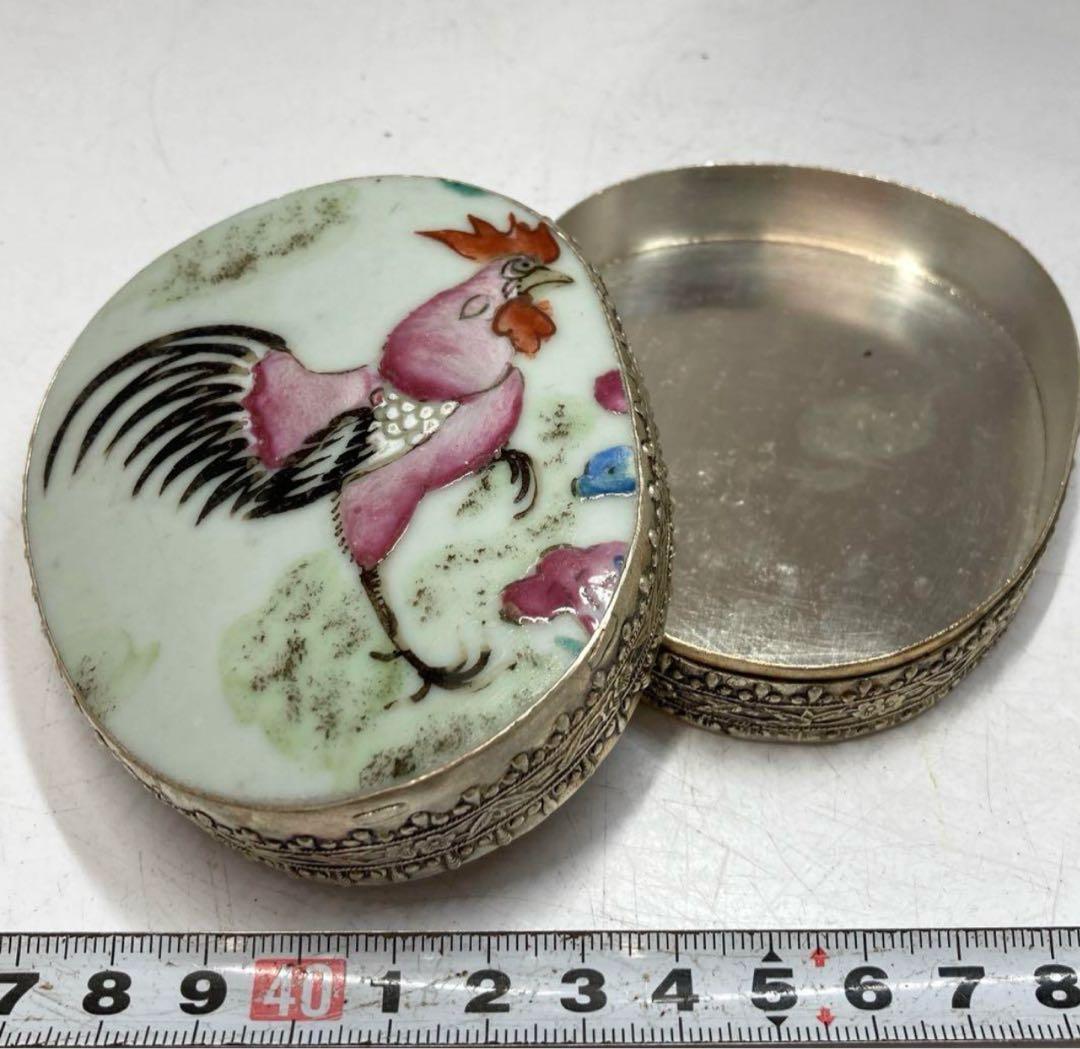 中国清時代　古玩粉彩シャム　銀蓋物 サイズ　最大縦幅約8.6cm