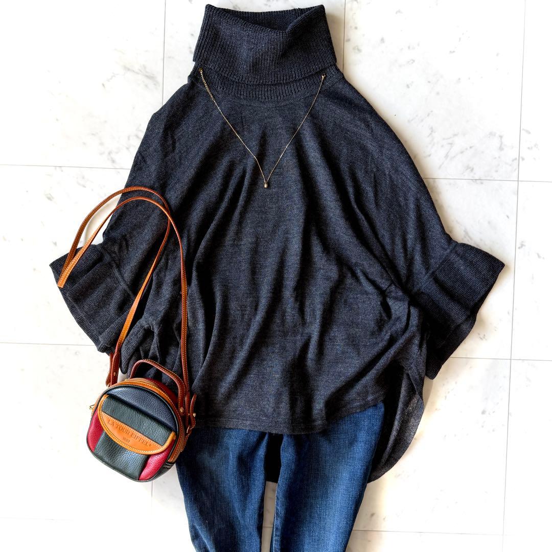 極美品 レリアン シルク混 タートルネック ニットポンチョ グレー ケープ