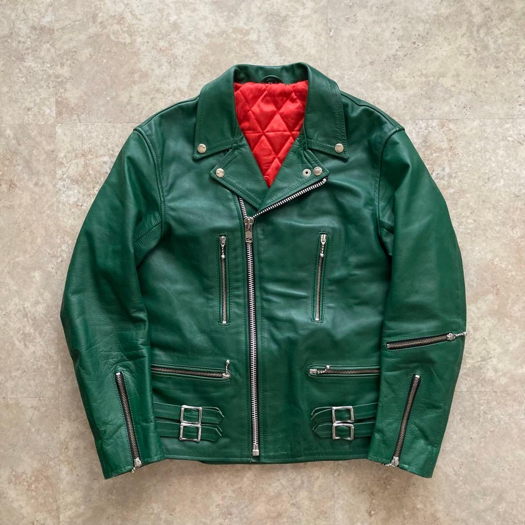 古着 Vintage レザージャケット ダブルライダース 本革 グリーン 緑 S