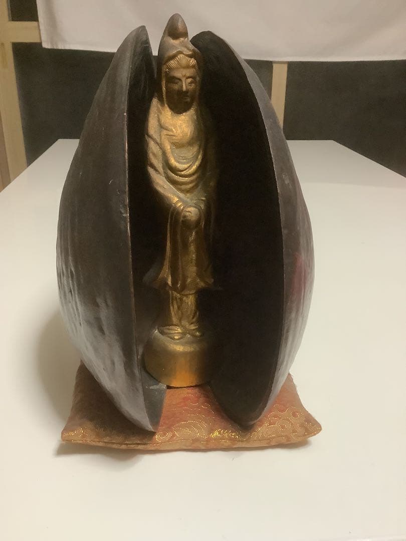 重厚 真鍮製 貝殻型 厨子 仏像置物 仏教工芸品 高級骨董 約2kg