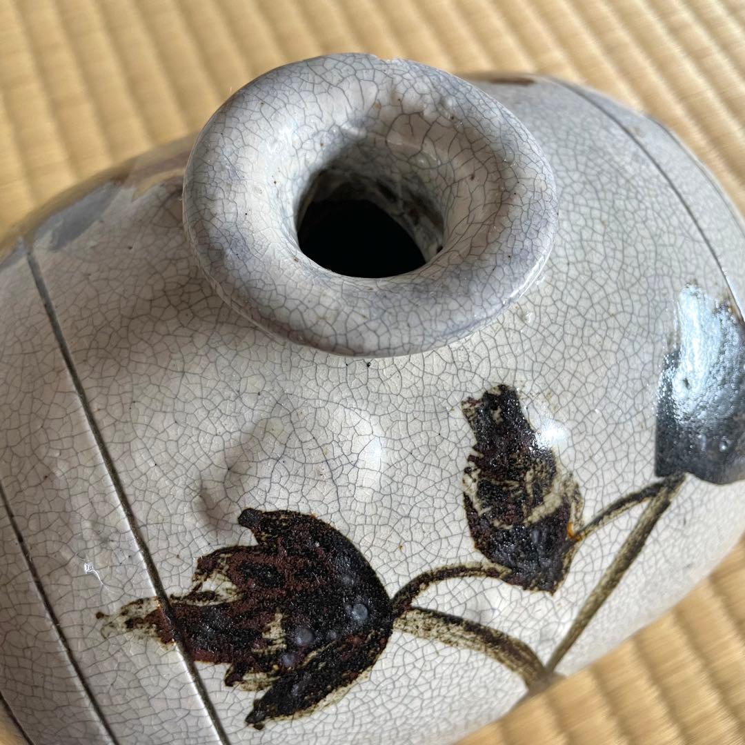 白磁鉄絵草花文俵壺 検) 李朝 朝鮮美術 韓国古美術 扁壺