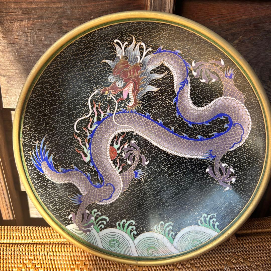 時代物 七宝皿 七宝焼 龍 縁起物 絵皿 置物