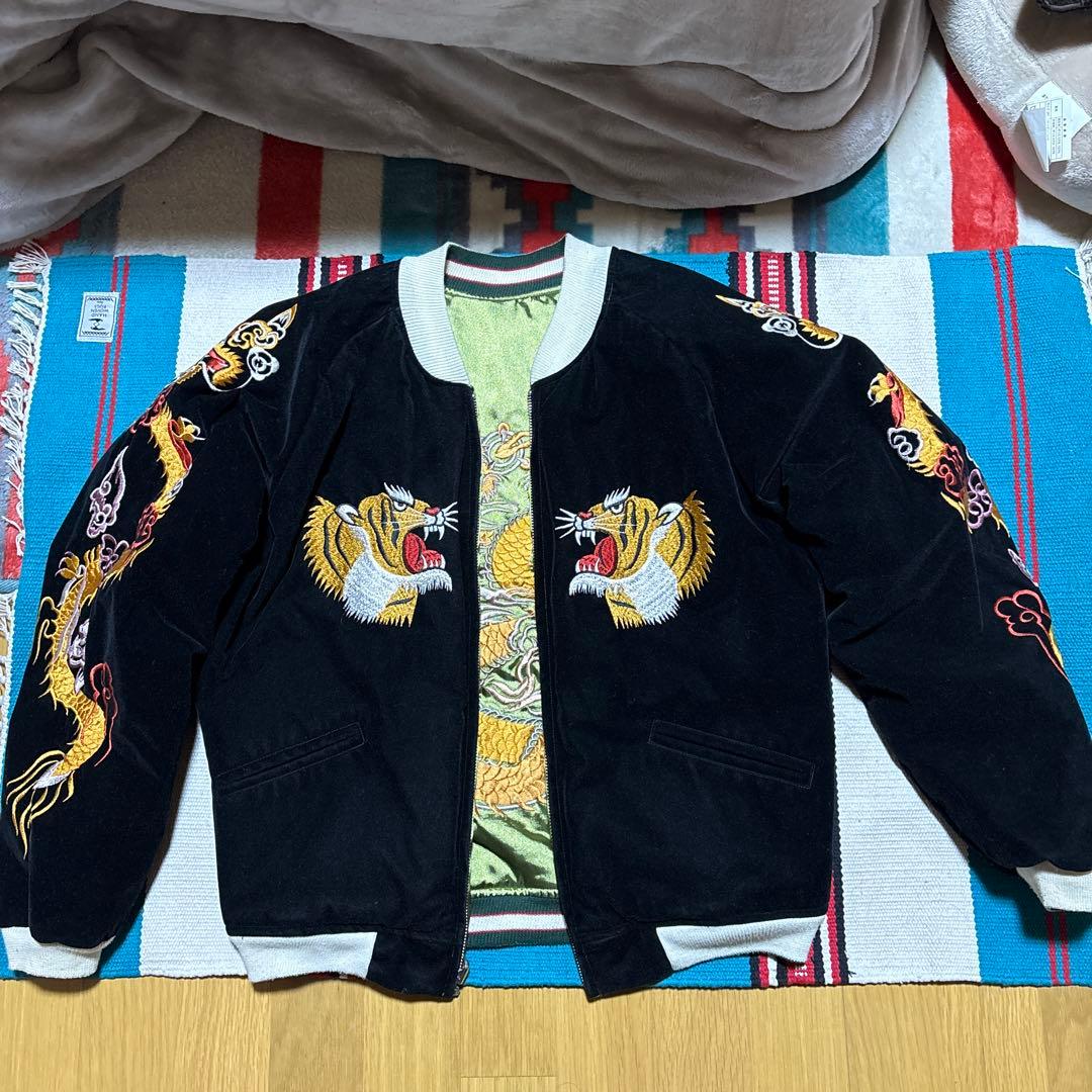 別珍 スカジャン 虎×龍 刺繍 YKKジップ ビンテージ風