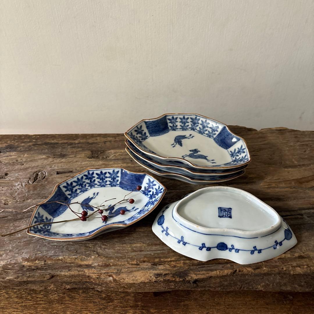 アンティーク変形小皿5点　明治　大正　印判染付古道具　検:白洲正子　李朝