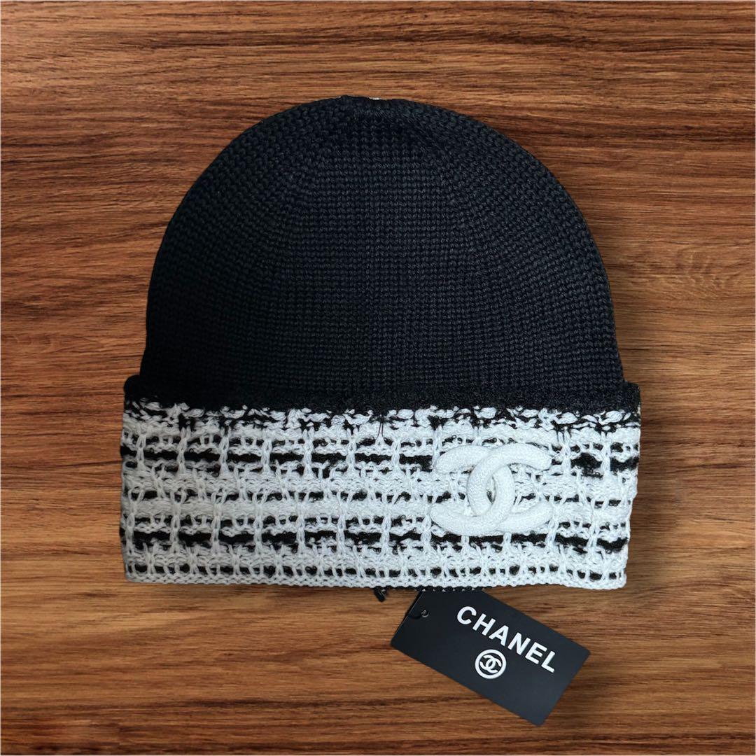 CCロゴ ニット帽 ブラック × ホワイト ツイード柄 セール】an meets zakka ノルディック柄ボンボンニット帽（ニット