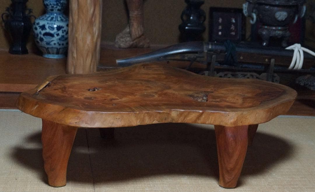 大型欅一枚板卓 脚付き花台 盆栽台 香炉台 煎茶台 自然体★重さ13.9ｋg