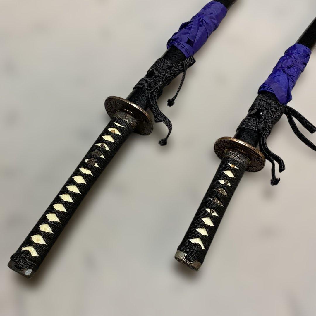 上級模造刀大小２本(刀袋付) 黒柄 竹笹小判鍔