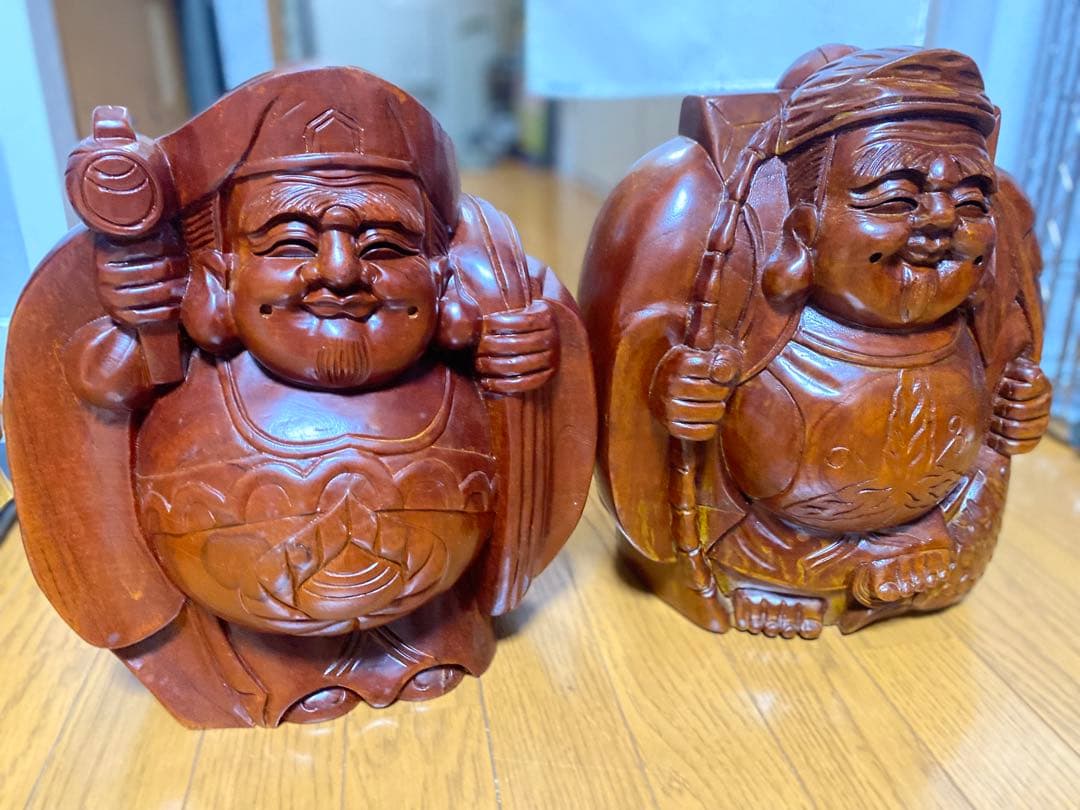 木彫り 大黒天 2体セット 高さ35cm 七福神 大型 置物 縁起物 重厚感