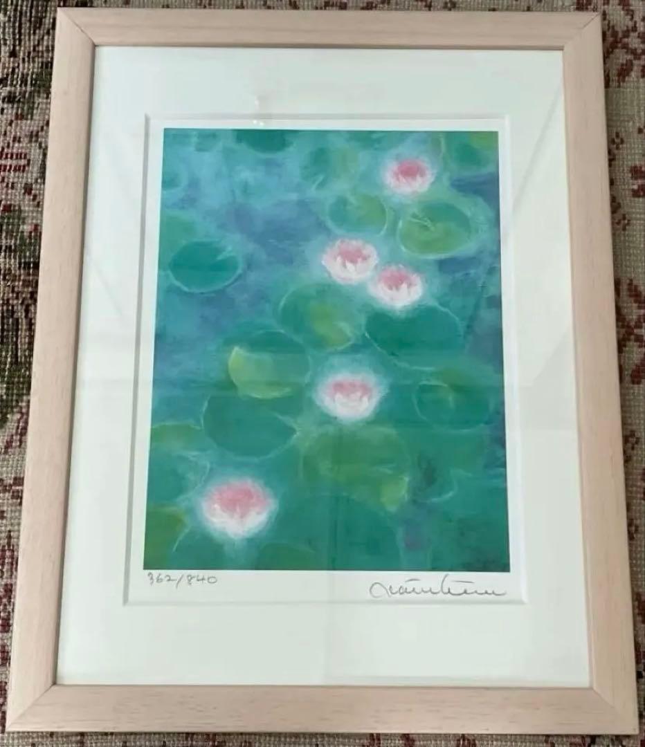 版画　限定　サイン、エデション番号有　額入り　蓮　グリーン系　ジニーキム　睡蓮