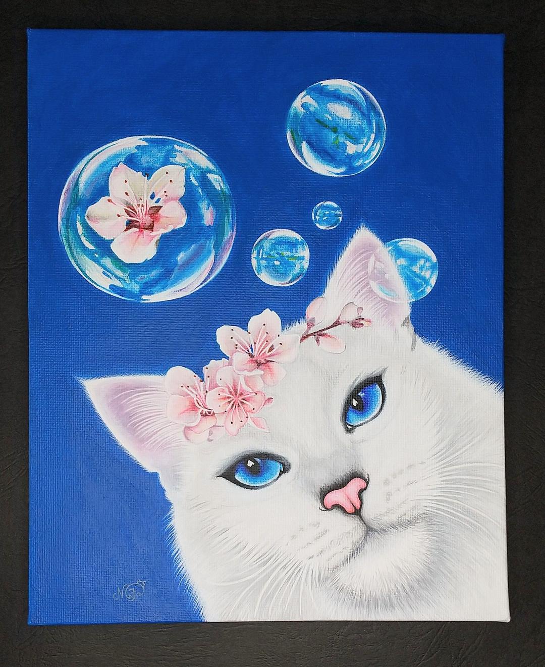 青い空さくら猫(キャンバス&アクリル絵の具) アクリル絵の具 #絵 #アクリル画 #空 #夏 #窓辺 #猫 #花火 #art #draw