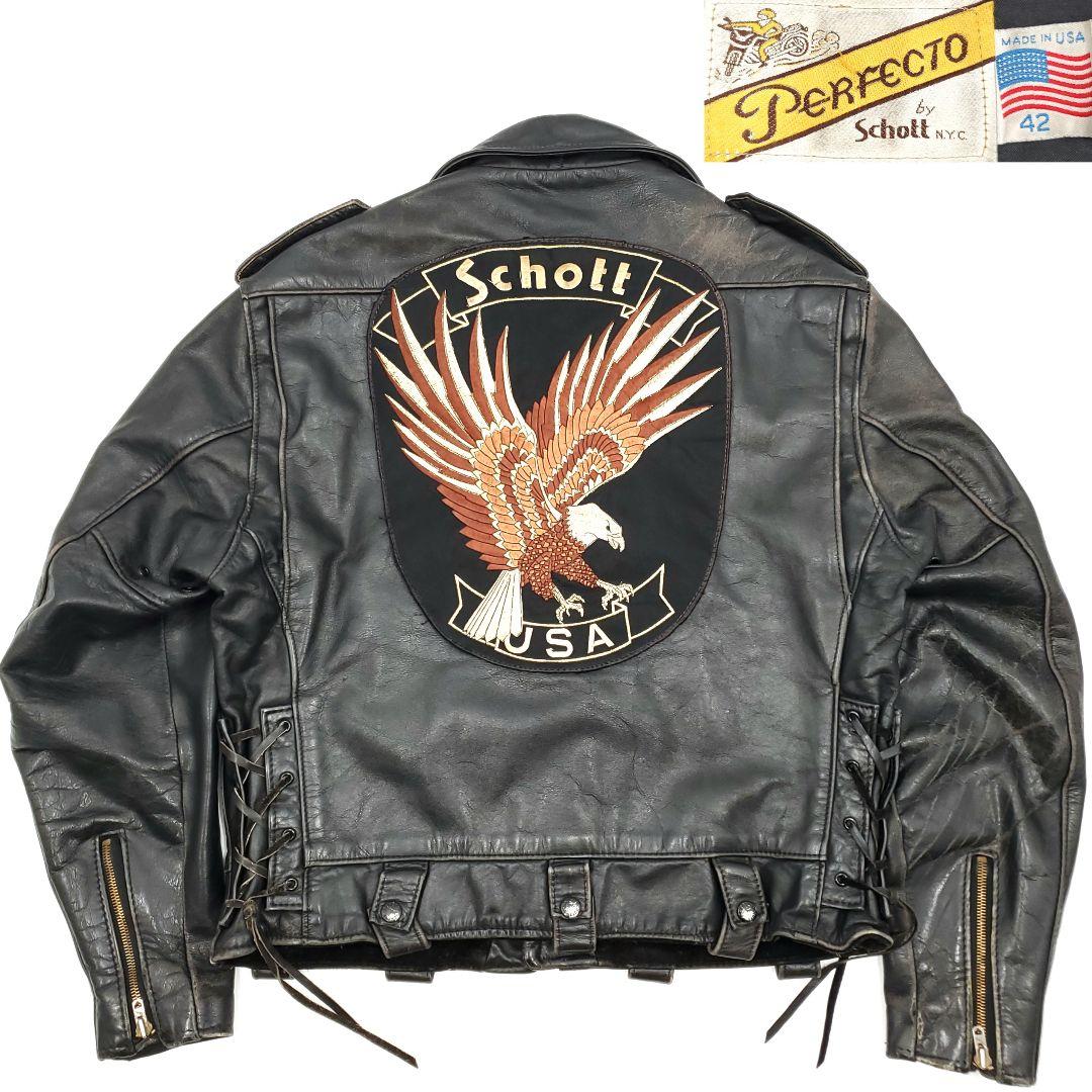 廃番#119◇Schott◇42レザーライダースジャケット黒メンズXL 864