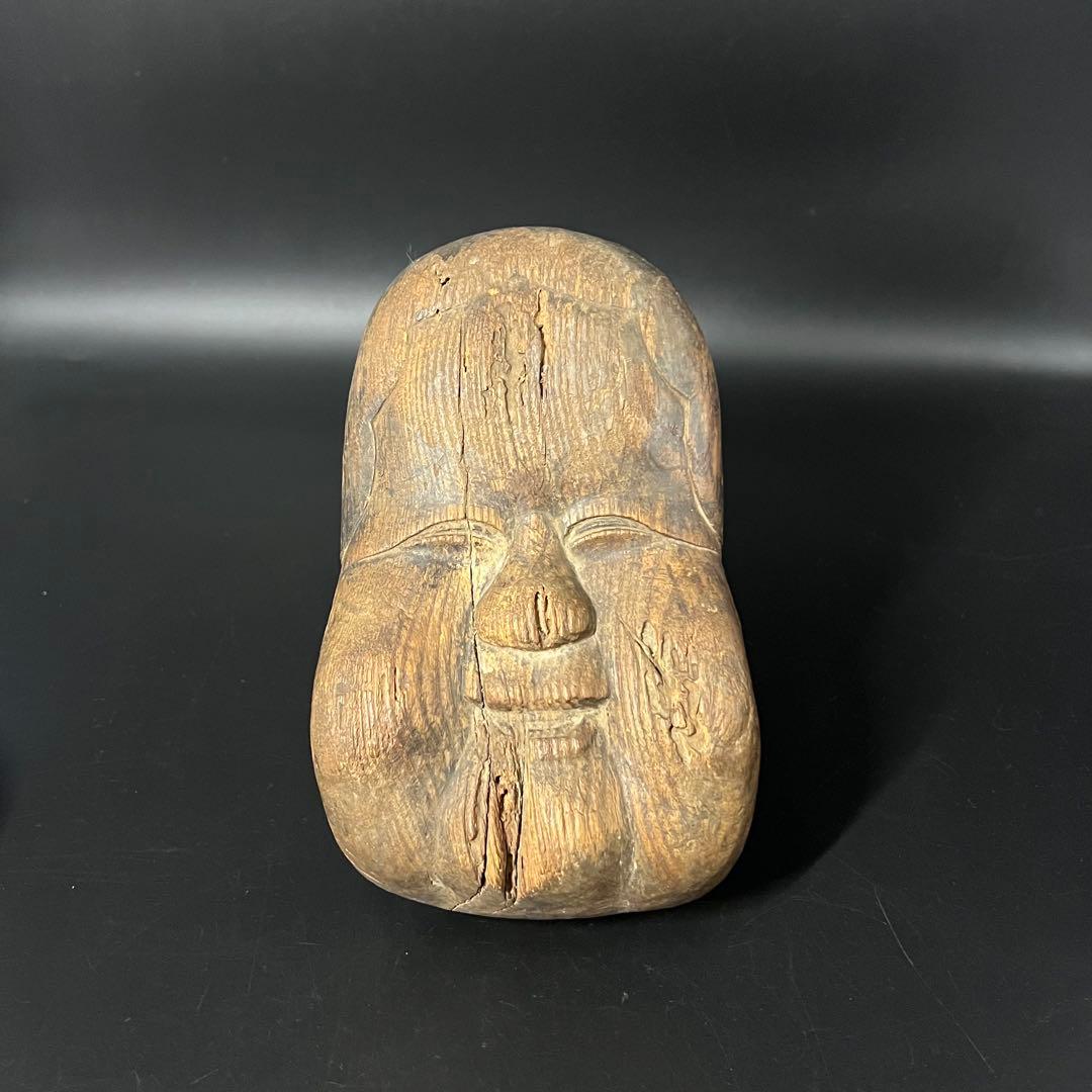江戸時代 木彫 おかめ（阿亀）面 一木彫 民間信仰彫刻 古民藝美術品◎古美術庵々