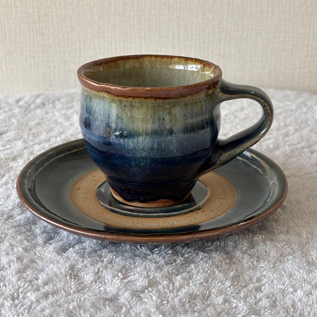 温泉津焼【森山窯※森山雅夫】イッチン瑠璃釉 カップアンドソーサー