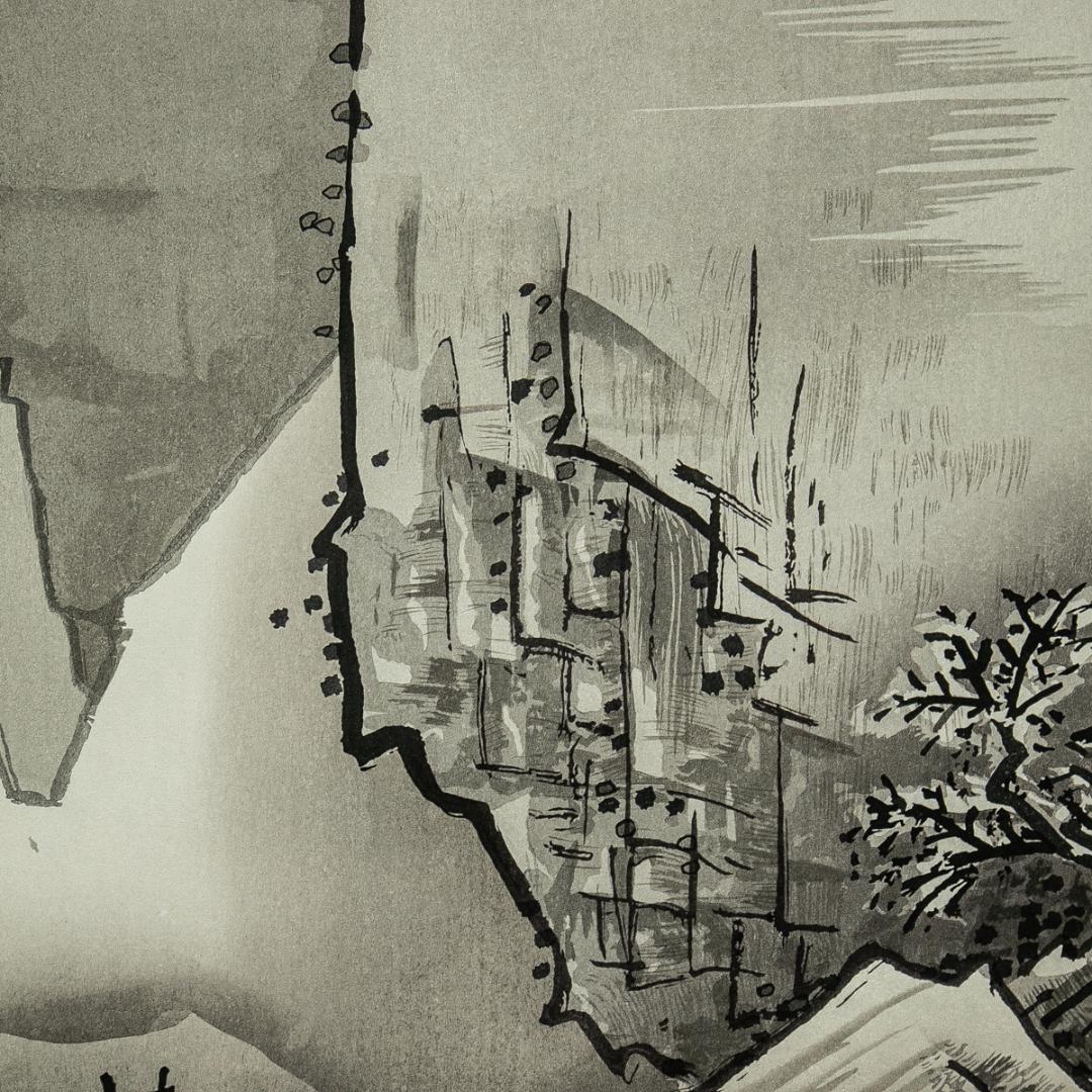 掛軸-1598 雪舟等楊 国宝「秋冬山水図」 手摺木版画 限定200部の88番