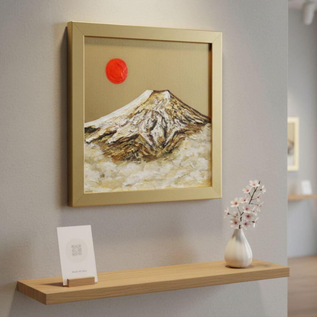 【開運】油絵 油彩画 ミニ絵画『旭日黄金富士』金運アップ 縁起物」