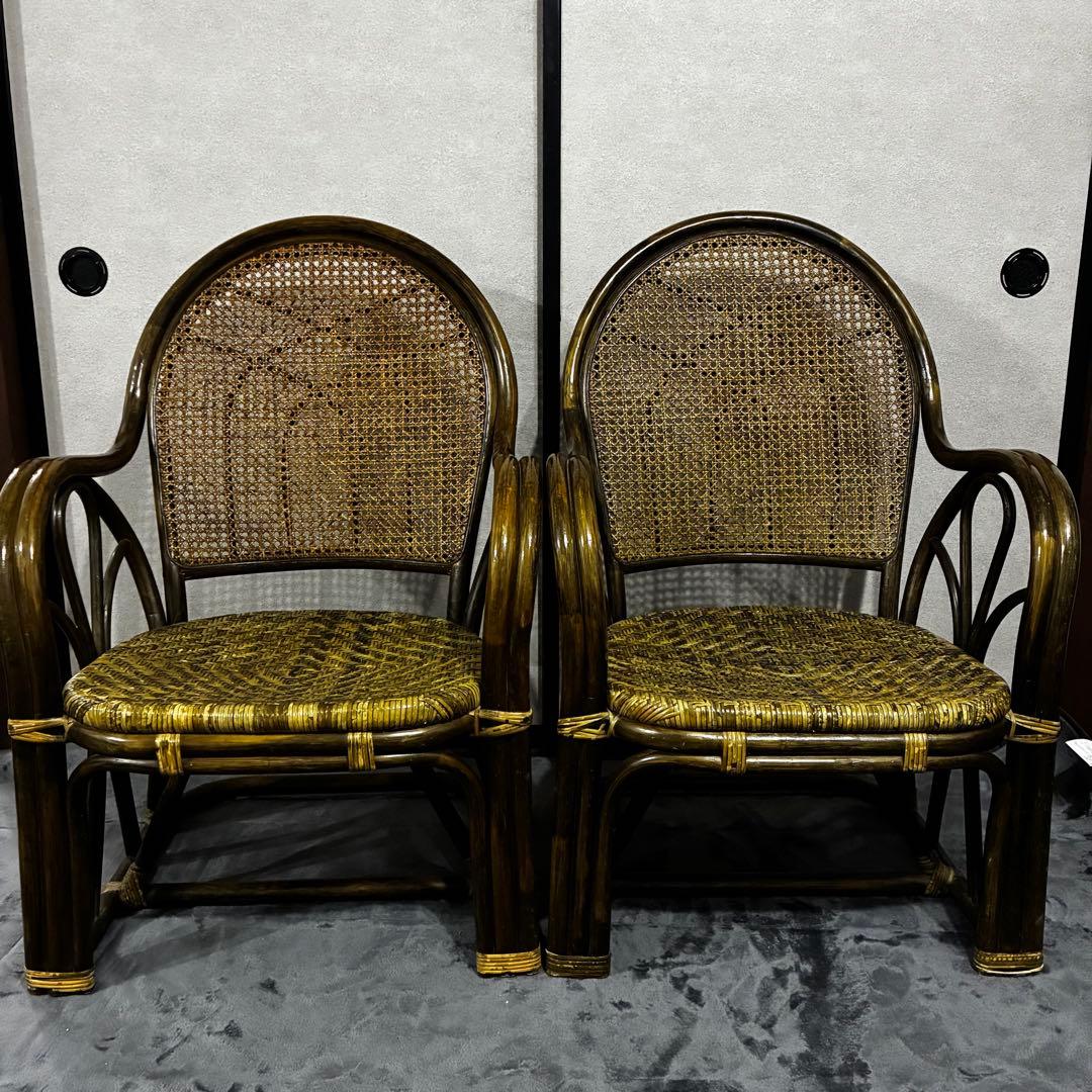 【希少】高級アンティーク家具　ラタン アームチェア レア　レトロ　カーキ