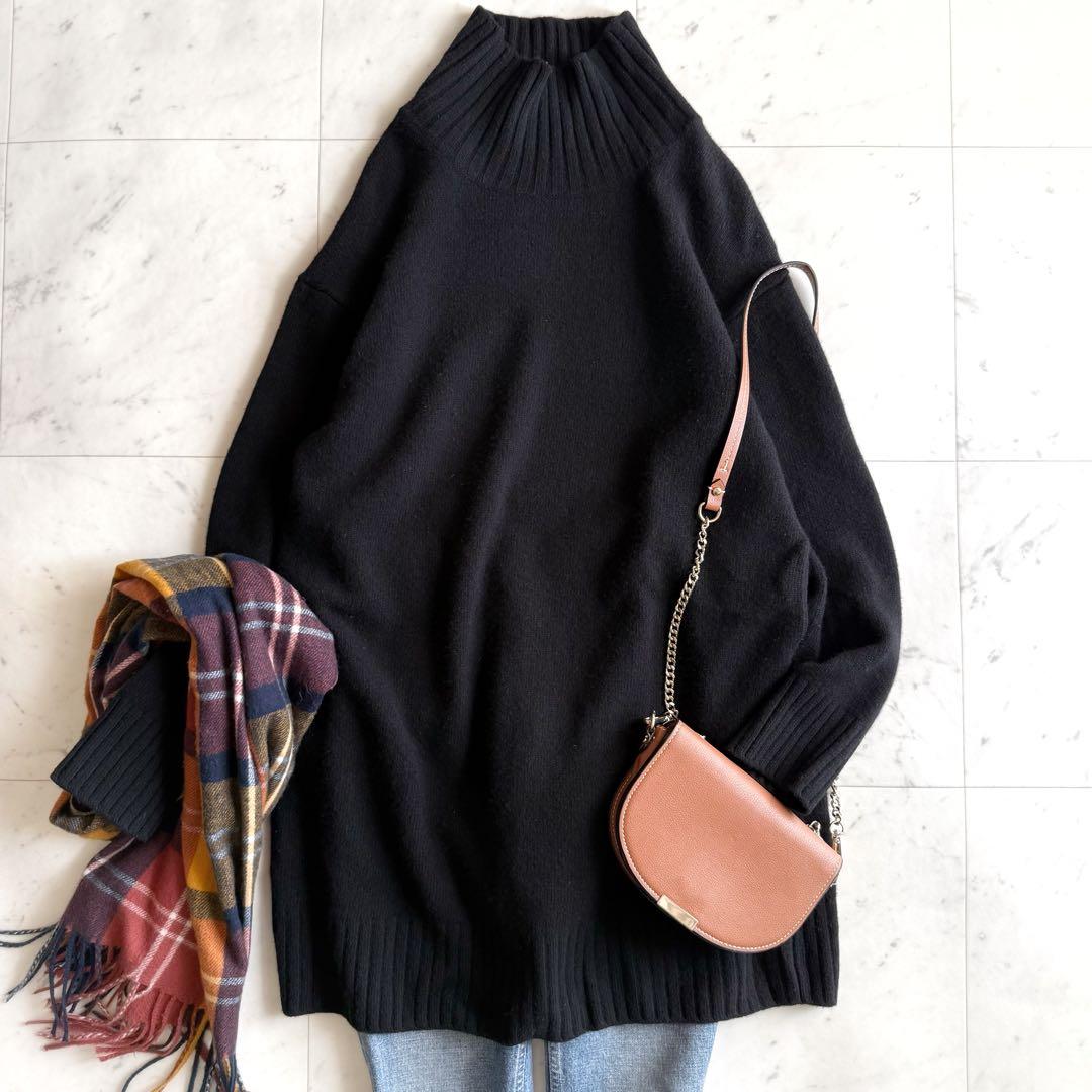 美品 プラージュ ウールカシミヤ チュニック丈 ハイネック ニット◆ブラック