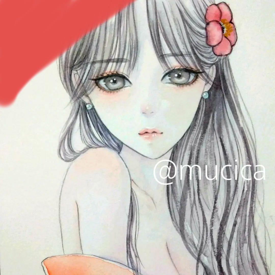 肉筆原画　手描きイラスト　絵画　オリジナル　アナログ　水彩画　美人画　26124