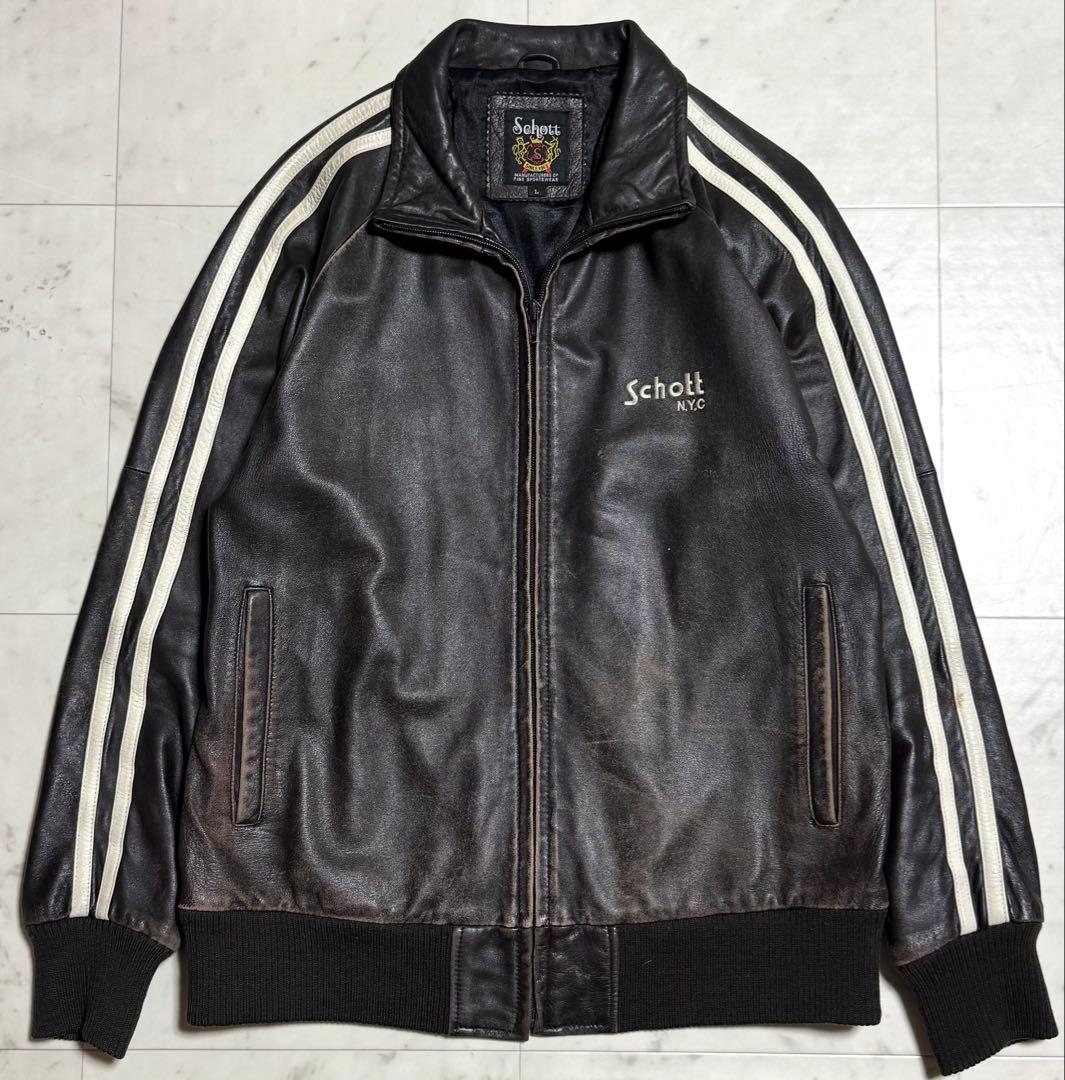 Schott ラムレザートラックジャケット 羊革 サイドライン ブラウン L