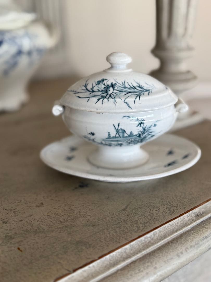 フランスアンティーク陶器ジアンGien小鳥と水車模様のムタディエ