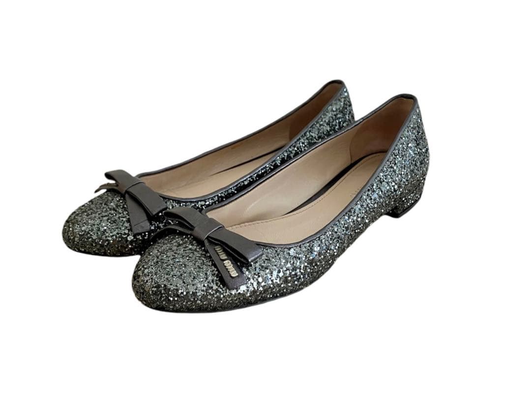 MIUMIU ミュウミュウ グリッターリボンフラットシューズ フラット