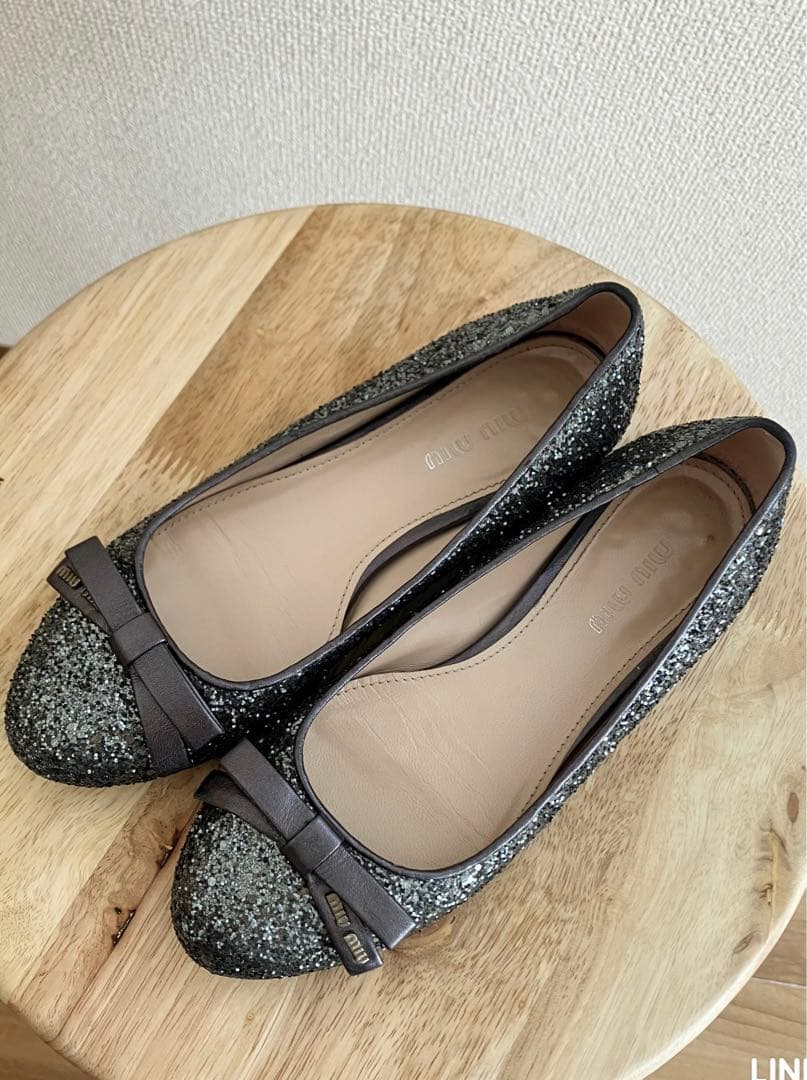 MIUMIU ミュウミュウ グリッターリボンフラットシューズ フラット