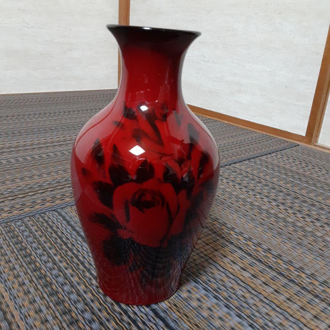 古い辰砂薔薇画ノリタケ花瓶/オールド昭和レトロ朱紅ボーンチャイナ/茶華道活花磁器