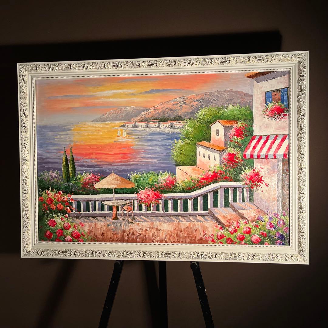 ★特大秀作★ 手書き油絵 地中海の風景 肉筆絵画 額付き インテリア 油彩画