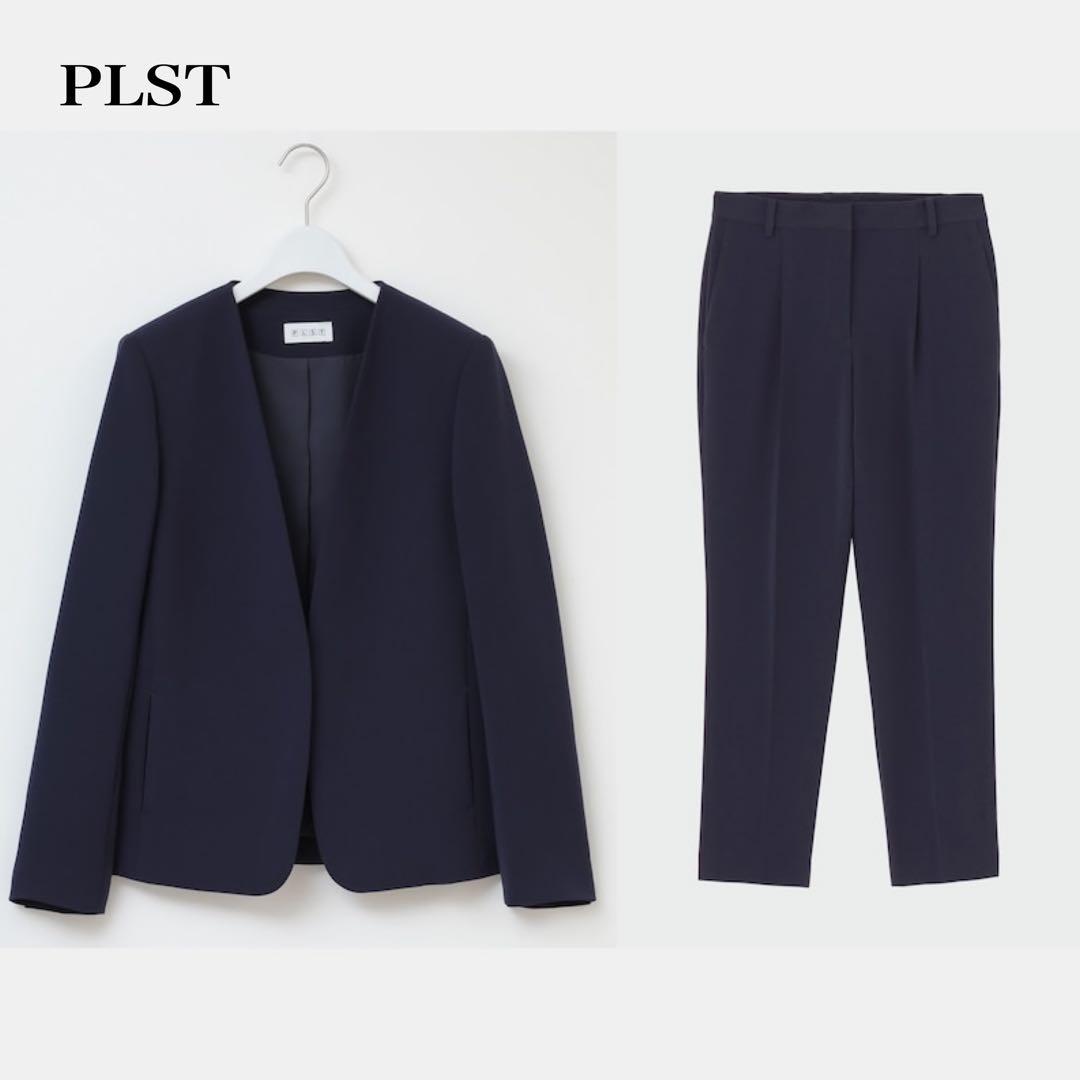 PLSTプラステ ネイビーノーカラージャケットパンツスーツセットアップ洗える