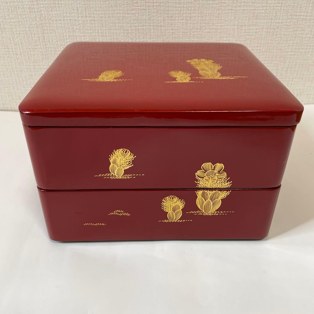 秋田伝統工芸品 川連漆器 2段重箱 赤色 沈金模様 漆塗り 手塗り 訳あり