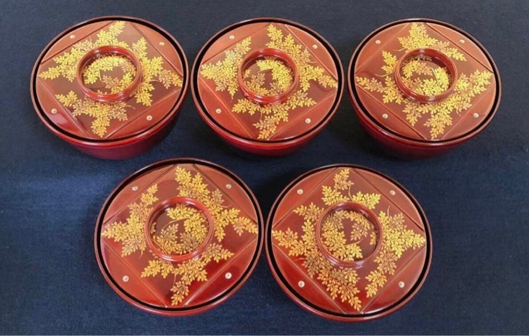 《レ》元禄形 溜塗 蒔絵付 吸物椀5客 木製漆器 木箱 251113え1