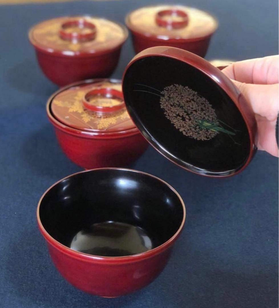 《レ》元禄形 溜塗 蒔絵付 吸物椀5客 木製漆器 木箱 251113え1