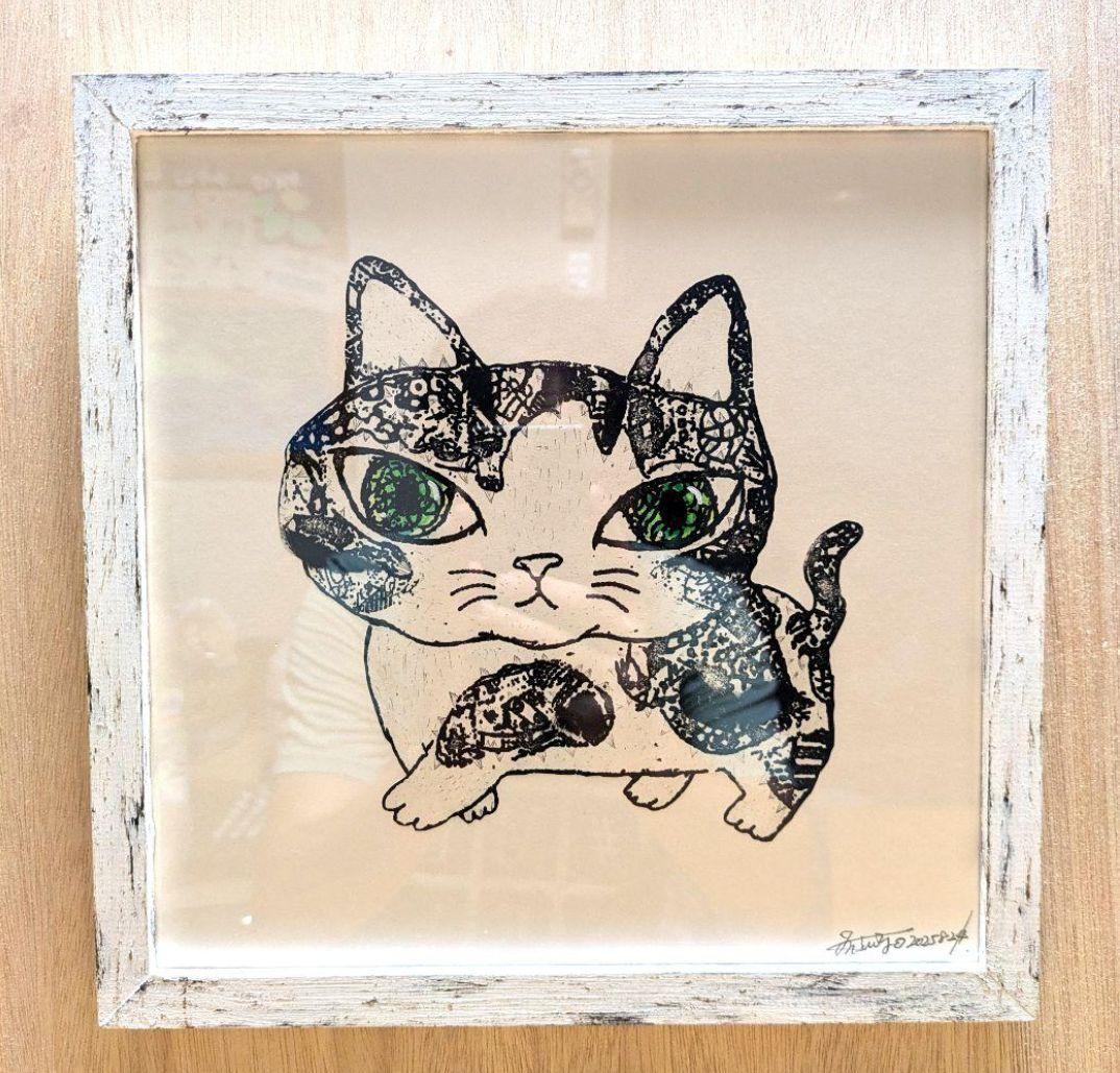 ちょいおすすめ！スイカ大✨　手作り額付き銅版画作品　title「お通りニャンコ」
