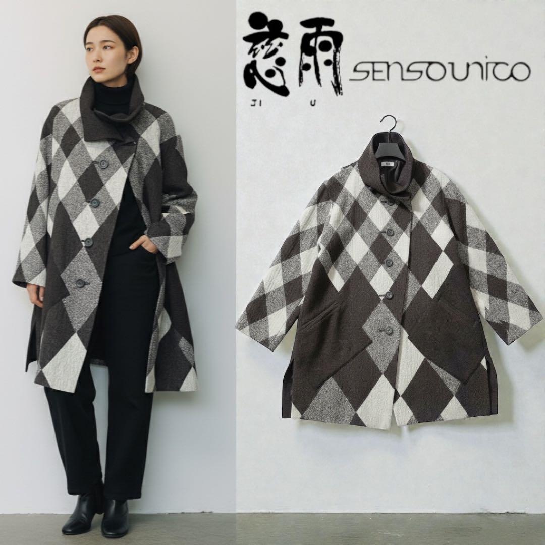 慈雨 ジウ センソユニコ コート チェック 総柄 変形 ウール サイズ40 L