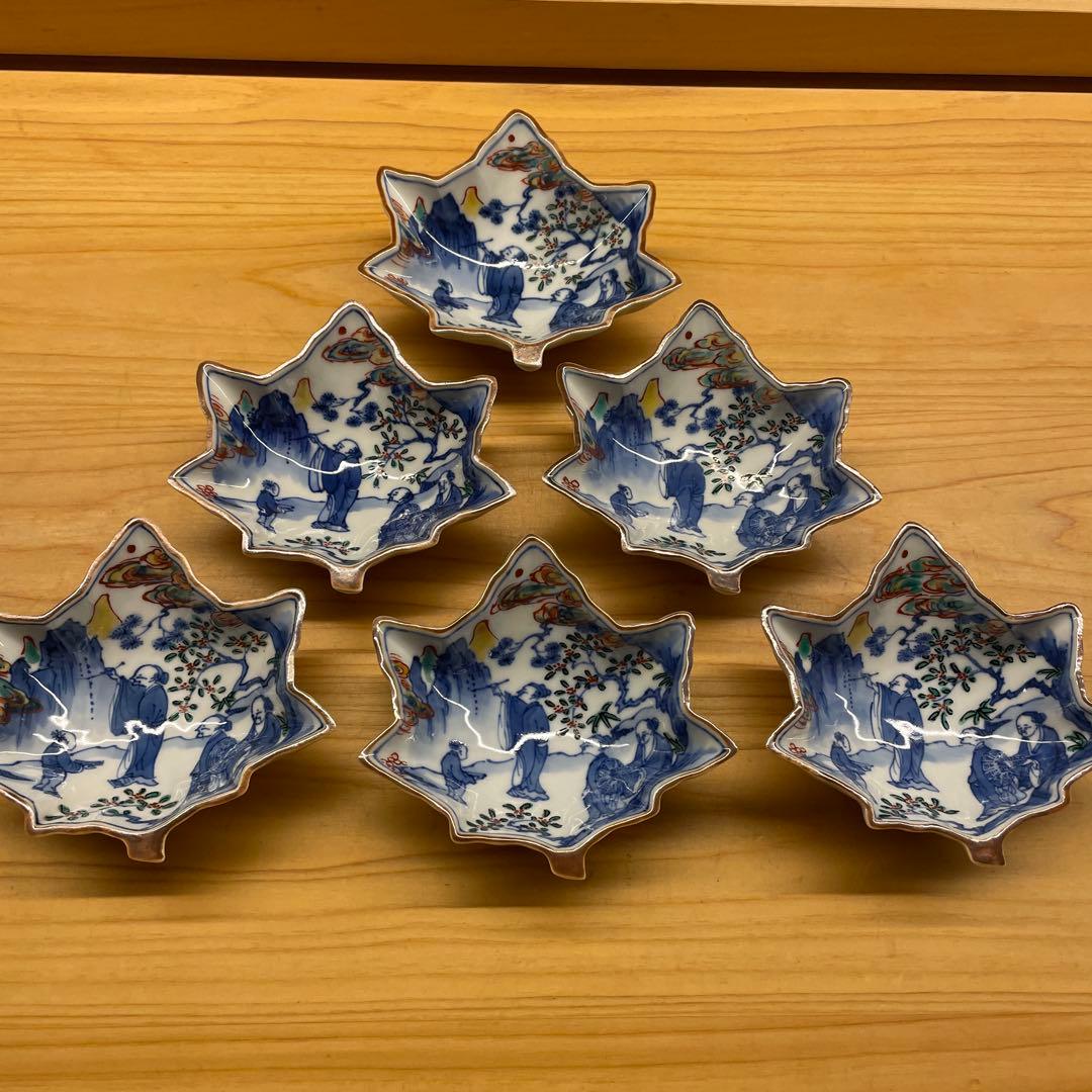 東山 古赤絵写 高士図楓形小皿 6客 共箱あり 宮永東山　魯山人　茶道具　向附