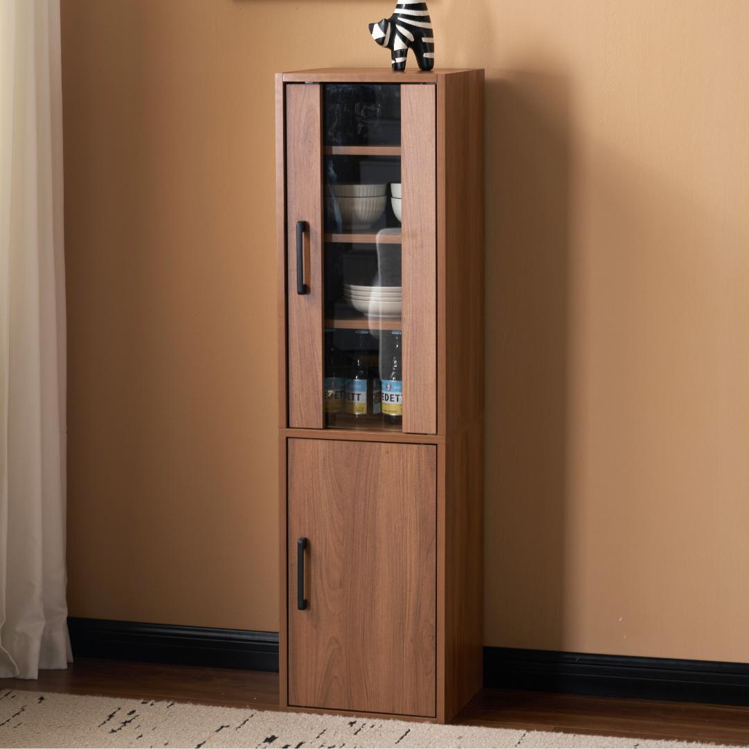 ブラウン 食器棚 収納付き 高さ120㎝ コンパクト カップボード 飾り棚/扉付