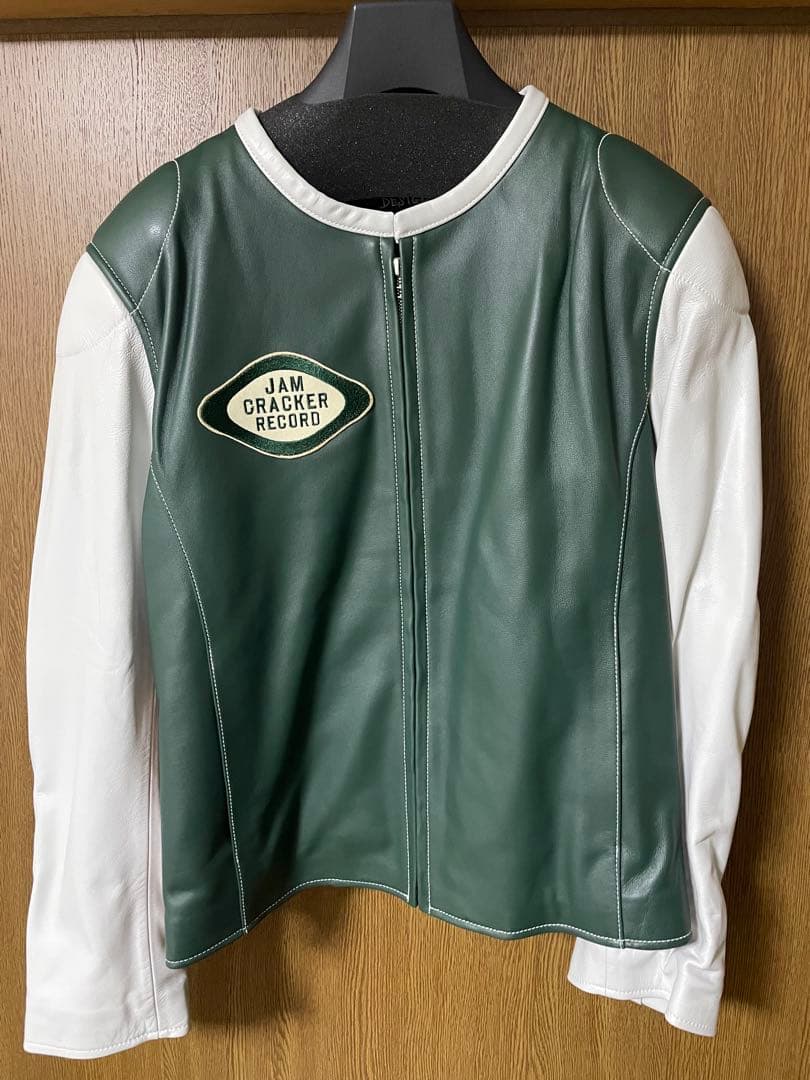 レザー シングルライダースジャケット グリーン/ホワイト